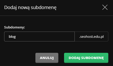 Tworzenie nowej subdomeny, podawanie przedrostka domeny