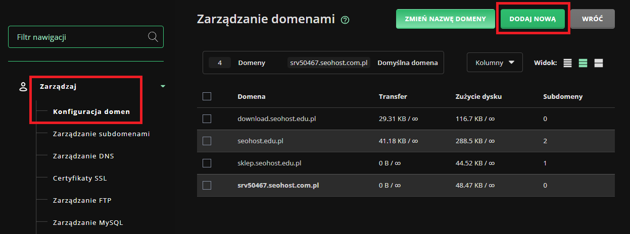 Tworzenie subdomeny i dodawanie jej do hostingu jako domeny w panelu hostingu - przykład