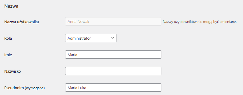 Edytowanie roli administratora w sekcji 'Rola' 